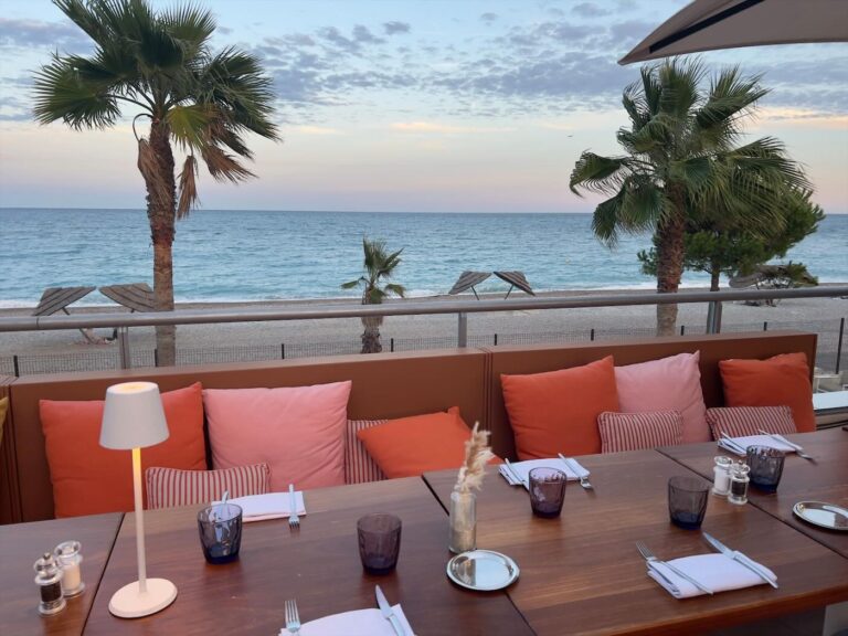 Terrasse du restaurant face à la mer, coussins colorés et palmiers
