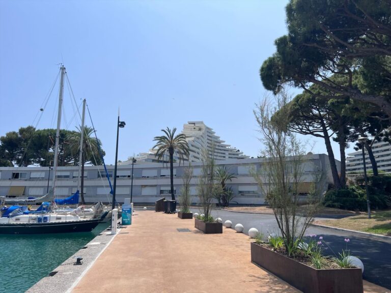 Promenade du quai avec palmiers devant la résidence du studio
