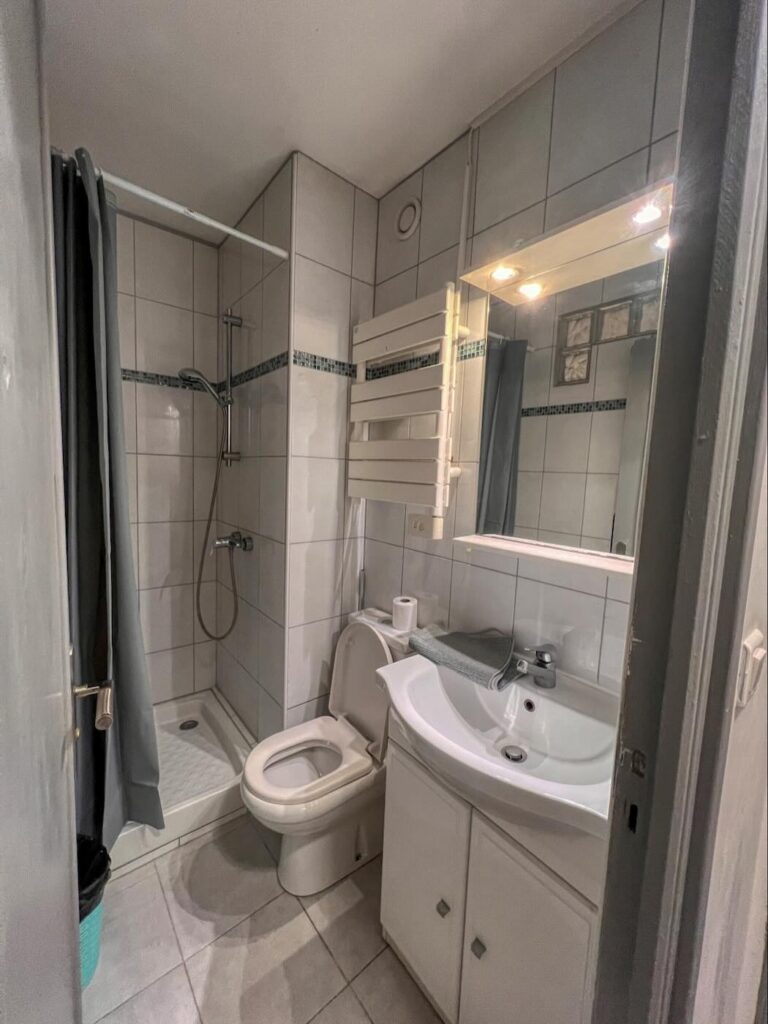 Salle de douche avec WC et lavabo du studio